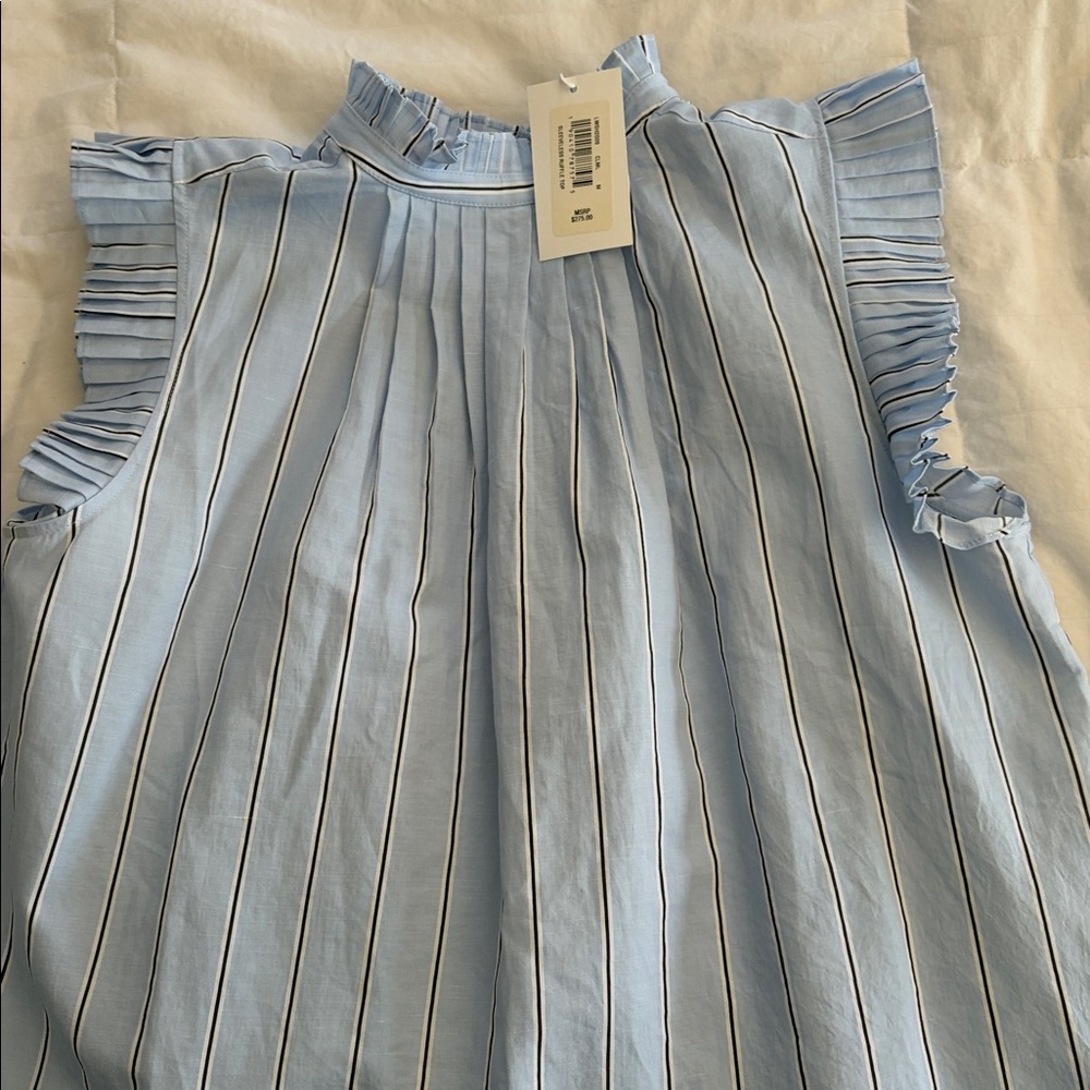 FRAME light blue  Pleated Ruffle Trim Sleeveless Blouse Mock Neck